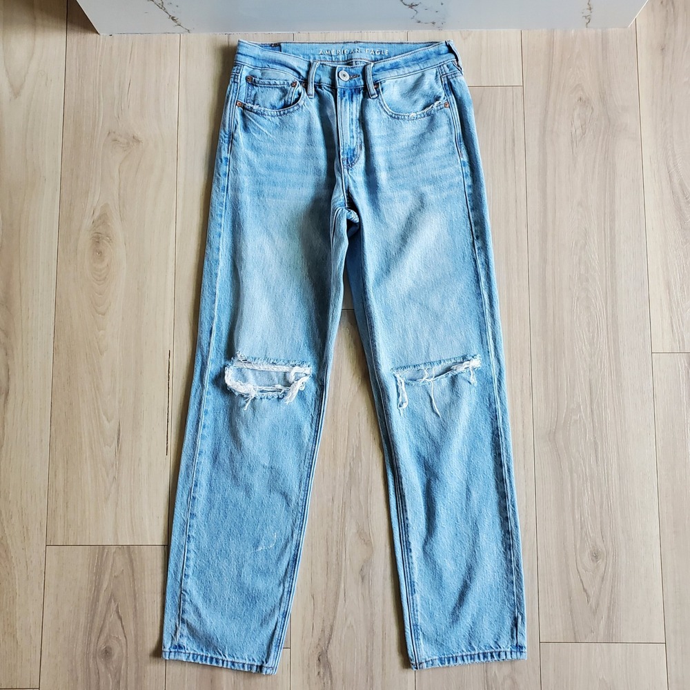 American Eagle Jeans Womens 6 Blue Distressed 90s Ripped High Rise Straight Leg
